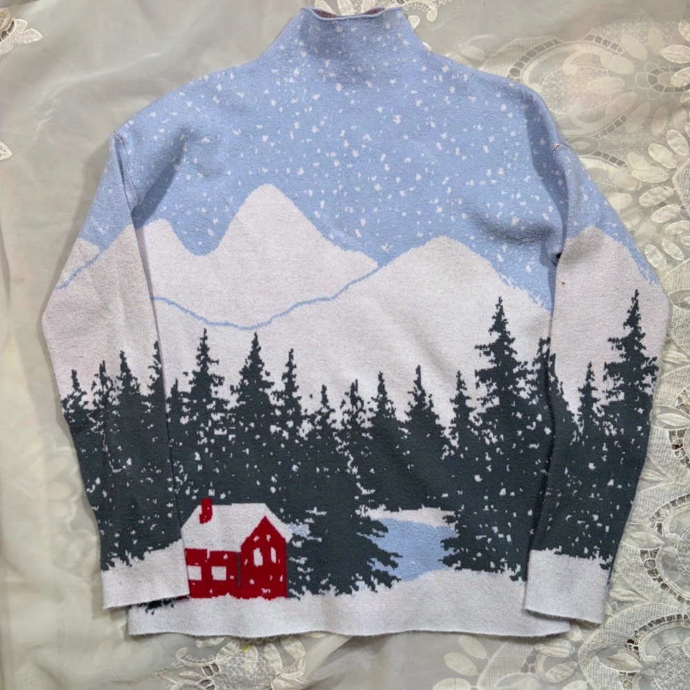 Tahari Chistmas Blue Winter Mountain Cabin Intarsia Mock Neck Sweater Small